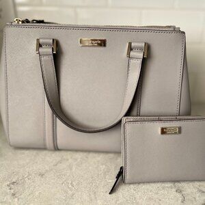 Kate Spade Set Newbury Lane Leather Grey Satchel matching wallet like new